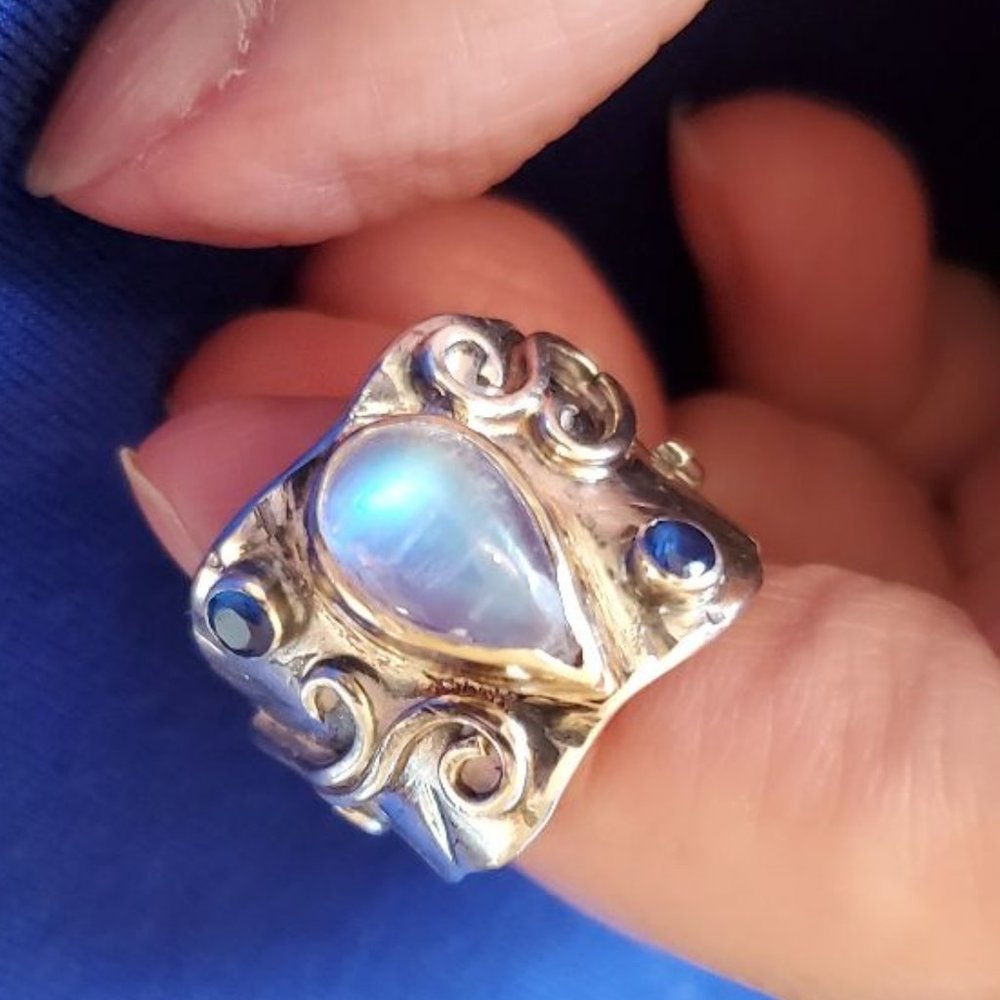 Ring Rainbow moonstone & actual blue sapphires Sterling & Gold 7